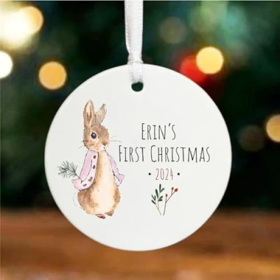 Image of Personalised Flopsy Rabbit 1st Christmas Bauble, Baby&#039;s First Keepsake, Porcelain Hanging Tree Decoration, Peter Gift