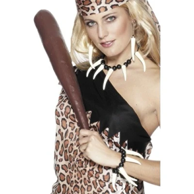 Image of Smiffys Voodoo Set, White with Fang Necklace, Earrings &amp; Bracelet, Cavemen Women Fancy Dress, Cavewoman Dress Up Jewellery