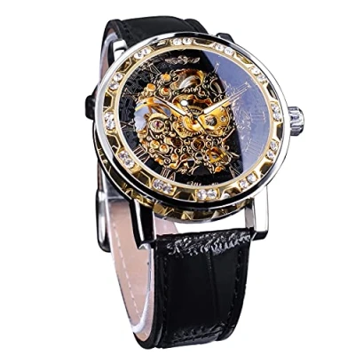 Image of Winner Retro Manual Mechanical Skeleton Watch with Diamond and Carving Flower Craft Men Wrist Classic Roman Number, Black Golden,