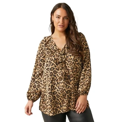Image of EVANS Curve Natural Leopard Print Ruffle Neck Blouse Women&#039;s Plus Size Brown