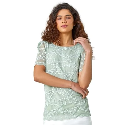 Image of Roman Originals Floral Stretch Lace Top for Women UK Ladies Everyday Holiday Spring Summer Round Neckline Comfy Soft Evening Vacation Work Party Sage Size 20