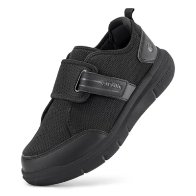 Image of FitVille Mens Diabetic Shoes Extra Wide Fit Trainers with Adjustable Strap for Swollen Feet Plantar Fasciitis V10, Black, 10 UK