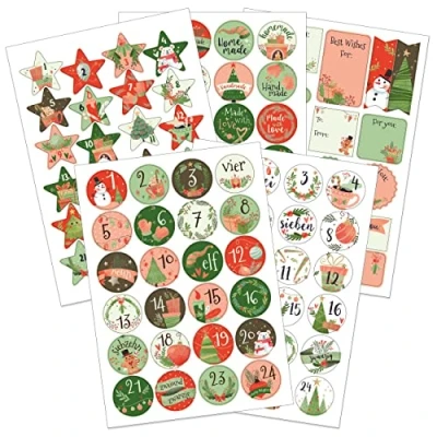 Image of Papierdrachen Gift Set Advent Calendar Number Stickers Motif Red/Green with Extra for Gifts Making Christmas Calendars and
