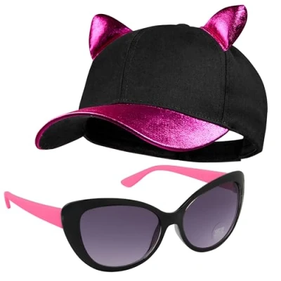 Image of CityComfort Girls Baseball Cap and Sunglasses Set Sun Hat with UV Protection (Black/Pink)