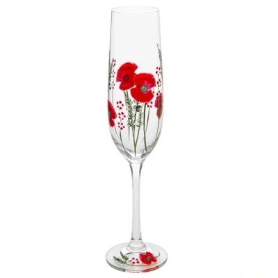 Image of Shudehill Giftware My Favourite Glass Floral Hand Painted Flute Champagne Lavender, Delphinium, Poppy, Daisy, Gerbera, Sunflower, Butterfly Meadow, Bee or Dragonfly Designs (Poppy)
