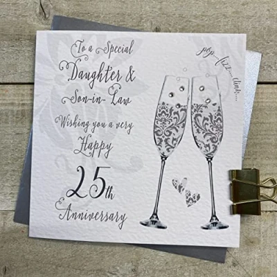 Image of WHITE COTTON CARDS Daughter &amp; Son in Law 25th Anniversary Card, Silver, Bubbles Flutes Handmade DT125 DS