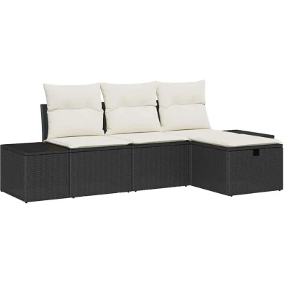 Image of vidaXL 4 Piece Garden Sofa Set with Cushions Black Poly Rattan
