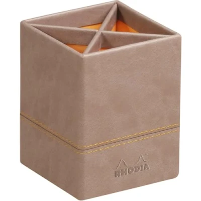 Image of RHODIA 318814C Taupe Pencil Pot 8x8x11 cm Orange Saddle Stitching Faux Leather Exterior Rhodiarama Home Office Collection Organization &amp; Designer Storage