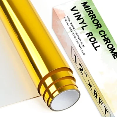 Image of Chrome Mirror Permanent Vinyl Roll,12&quot;x 8ft Gold PET Self Adhesive for Cricut, Silhouette Cameo, Roll Decor Sticker, Party Decoration
