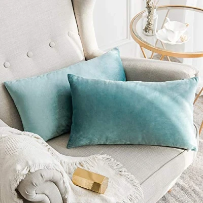 Image of MIULEE Velvet Soft Soild Microfiber Decorative Square Pillow Case Throw Cushion Cover for Sofa Bedroom with Invisible Zipper Teal Green 12&quot;x20&quot;,2 Pieces