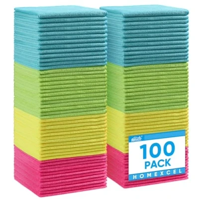Image of HOMEXCEL Microfibre Cloth,100 Pack Cleaning Rag,Microfibre Cloths Towels with 4 Color Assorted,29 x 29 cm (Green/Blue/Yellow/Pink)