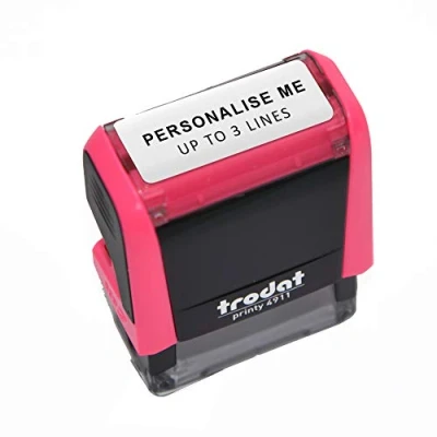 Image of Trodat Pink Printy 4911 Personalised Custom Office, Business and Teacher Stamp Allows Up to 3 Lines of Text Impression Size 37 x 11 mm Self Inking with 5 Ink Pad Colours Choose from