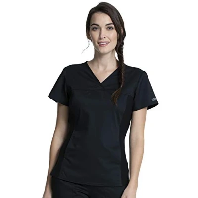 Image of Workwear Revolution Women Scrubs Top V Neck Knit Panel WW2875, M, Black