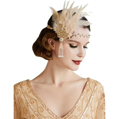Image of BABEYOND 1920s Flapper Headpiece Feather Headband Great Gatsby Accessories Leaves Style for Art Deco Pageant Themed Party (Champagne)