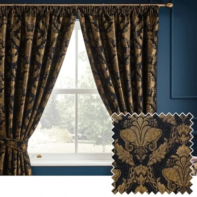 Image of Paoletti Shiraz Traditional Jacquard Pencil Pleat Curtains, 229 x 229cm, Black