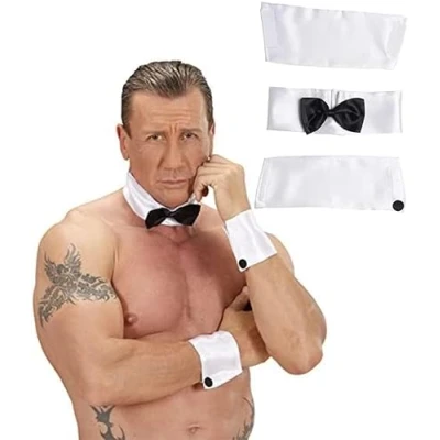 Image of Royal Fashion Adult Men&#039;s 90&#039;s Male Stripper Kit Chippendale Collar with Bow Tie and Cuffs Stag Do Party Play Boy Fun Magic Mike Saucy Fancy Dress Costume Accessories, White