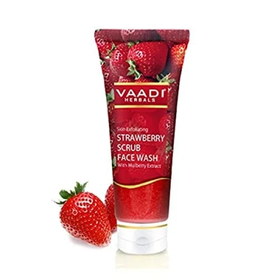 Image of Strawberry Scrub Face Wash with Mulberry Extract ALL Natural Soothes and Moisturizes Flaky Skin. Mildly Exfoliates Lightens Skin Each 60ml Value Pack of 4 Vaadi Herbals