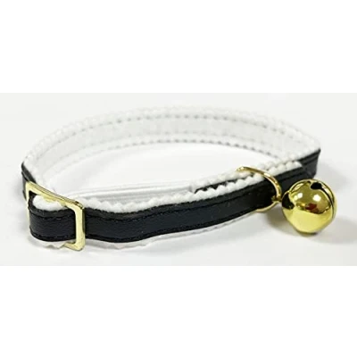 Image of Cat/Kitten Leather Collar with Safety Elastic, Bell (Black)