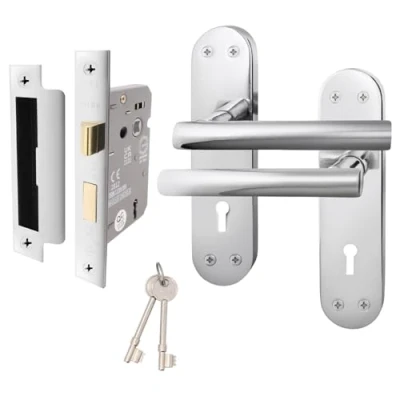 Image of EAI Chrome Door Handle Key Lock Set 1 Pair of Polished Internal T Bar Handles on Backplate with Sash (64mm) &amp; Keys Oliena Range