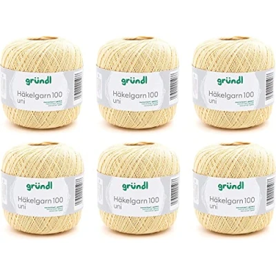 Image of Gründl Crochet Yarn 100 Plain (Mercerised Cotton for Crocheting 100% Cotton, g/566 m, Needle Size: 1.5 2, 6 x g), Pastel Yellow