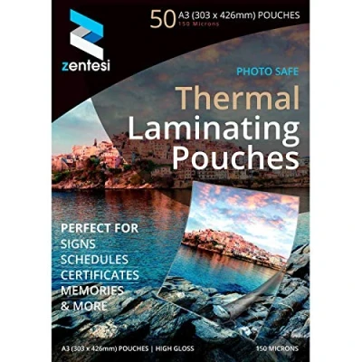 Image of Zentesi A3 Laminating Pouches High Gloss Laminator Sheets 150 Micron (75 + 75 Microns) Glossy Laminate Pouch Sleeves Pack of 50