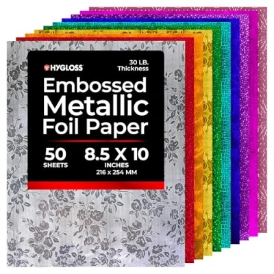 Image of Hygloss Embossed Metallic Foil Paper 8.5 x 10 Inch 50 Sheets Assorted Colors and Designs Shiny for Crafts Card Making