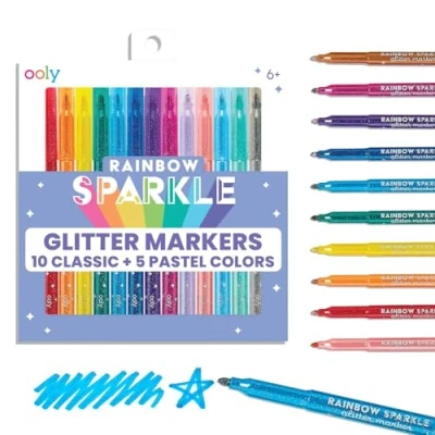Image of Ooly Rainbow Sparkle Glitter Markers [Set of 15], Includes 5 Pastel &amp; 10 Classic Color Markers, Glittery Sparkling for Kids, 2mm Nib Medium Sized Lines [GLITTER VARIETY PACK New Gen]