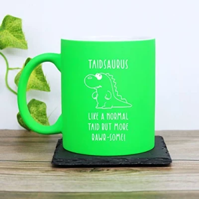 Image of eBuyGB Taidsaurus Mug, Taid Dinosaur Engraved Neon Green Coffee Father&#039;s Day Gift for Welsh Grandad, Grandpa, Birthday Gift, Funny Present