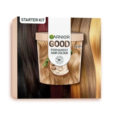 Image of Garnier Good Permanent Hair Dye Premium Starter Kit, 7.0 Almond Creme Dark Blonde, Up To 100% Grey Coverage, 8 Weeks Long Lasting Colour, No Drip Application