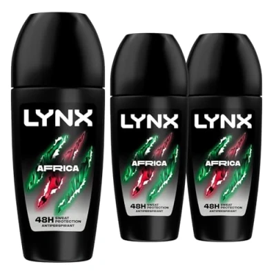 Image of Lynx Africa Roll On 48 Hours Anti Sweat Faster Drying Perspirant with Long Lasting and Odour Protection Travel Size Deodorant for Men All Skin Types, 50ml Pack of 3