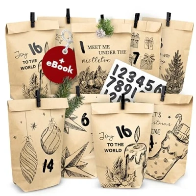 Image of AMARI ® Advent calendar to fill Vintage Black 24 bags diy (with wooden clips) Paper with numbers sticker Christmas parcel stick on yourself