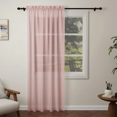 Image of Pacok Pink Voile Curtains, 90 Drop Net Curtain for Windows, Rod Pocket Sheer Panel Curtains Living Room Kitcken Bedroom W56xL90 Inch(Pink, 142 x 228cm)