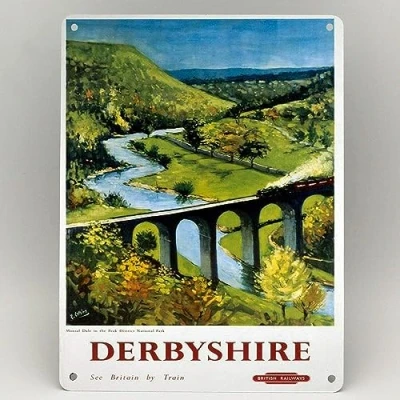Image of DERBYSHIRE RAILWAY POSTER METAL SIGN COLLINS BRITISH RAIL VINTAGE TRAVEL TIN 8x12 inches
