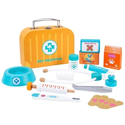 Image of SOKA Wooden Pet Hospital Pretend Playset Educational Preschool Animal Vet Doctor Clinic Role Play Veterinarian Toy Kit with Carry Case for Children Kids Girls Boys Ages 3 year old +