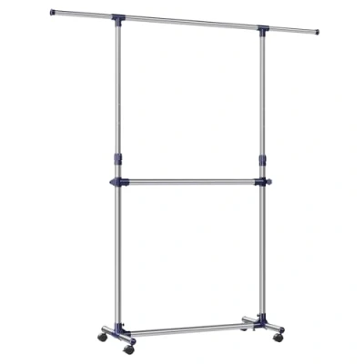 Image of SONGMICS Adjustable Garment Rack Clothes Hanging Rail Stand with Middle Stainless Steel Clad Pipe LLR41L Blue