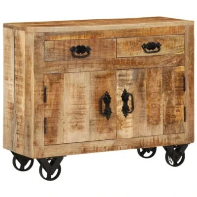 Image of vidaXL Solid Mango Wood Sideboard with Cast Iron Wheels Retro Brown Storage Cupboard/Cabinet for Living Room, 80x30x65cm