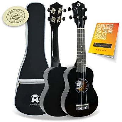 Image of A Star Soprano Beginner Ukulele in Black with Premium Aquila Strings, FREE Padded Bag, Instrument for Adults/Kids 1 Month Online Lessons