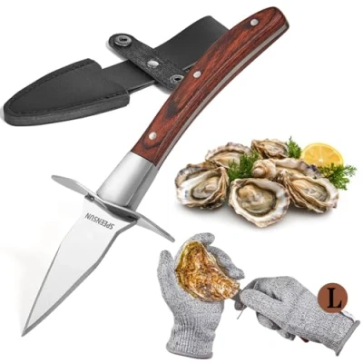 Image of SPEENSUN Oyster Knife set,oyster shucking knife,Sturdy Sharpness Shucker Kit With Comfort Wood handle,Oyster And Glove Set 5 leve Protection Food Grade Cut resistant
