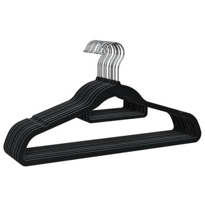 Image of PORTENTUM Velvet Hangers, Pack of 10, Black. Accessory Holder, 360º Swivel Hook, Space Saving, Notches For Dresses, Non slip Clothes all Types Clothes, Made in Spain