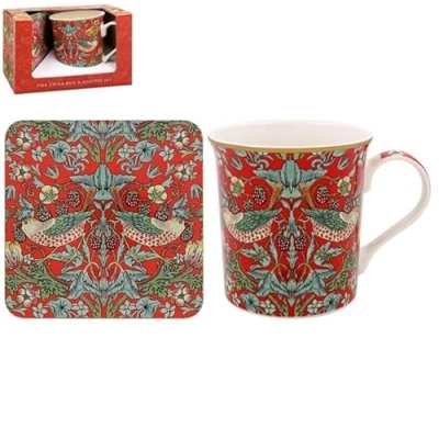 Image of Lesser &amp; Pavey Strawberry Thief Mug Coaster Set Ceramic for Home or Work Premium Design All Occasions Lovely William Morris