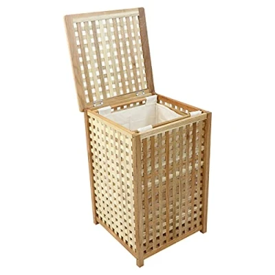 Image of Woodside Large 80L Wooden Lattice Laundry Basket, Walnut Wood Storage Hamper Box, Internal Linen Sack, 46 x 68cm