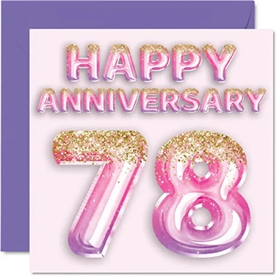 Image of Pretty 78th Anniversary Card for Wife Girlfriend Husband Boyfriend Pink Purple Glitter Balloon Happy 78 Cards from Family, 145mm x Greeting Seventy Eighth Anniversaries