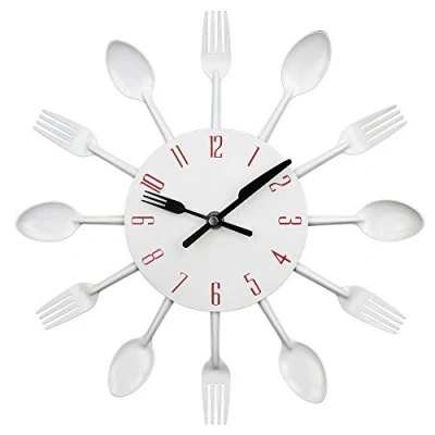 Image of Timelike 3D Removable Modern Creative Cutlery Kitchen Spoon Fork Wall Clock Mirror Decal Sticker Room Home Decoration White 33CM