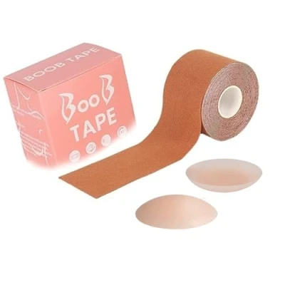 Image of INTELLIGRON Skin Boob Tape with 2 Nipple Covers, Booby Body for Large Breasts, Self Adhesive Strapless Boobtapes, Kinesiology 5M Stretchable Tape, Covers and