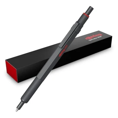 Image of Rotring 600 Ballpoint Pen Medium Point Black Ink All Metal Body Dark Stone Non Slip Knurled Grip &amp; Hexagonal Barrel Refillable