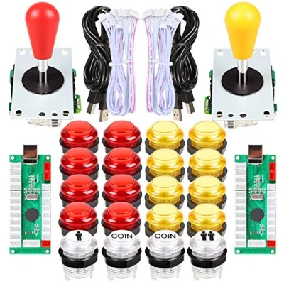 Image of EG STARTS 2 Player LED Arcade DIY Parts 2X USB Encoder + Ellipse Oval Style Joystick 20x Buttons for PC MAME Raspberry Pi Windows System (Red &amp; Yellow Kit)