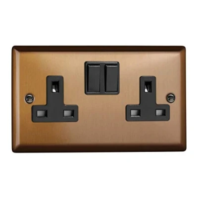 Image of Varilight Urban Brushed Bronze 2 Gang Double Pole Switched 13 Amp Plug Socket with Black Insert