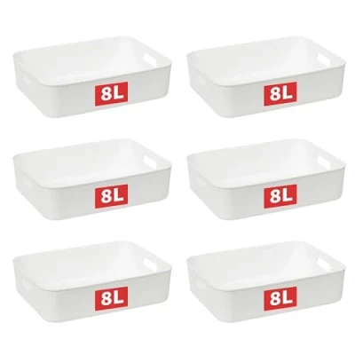 Image of Cetomo 8L*6 Storage Basket, Plastic Open Box, Containers for Shelves, Organizers with Handles Office, Countertops, Cabinets, PP, BPA Free, White, 8L 6 Pack (35 * 27 9cm)