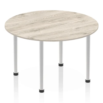 Image of Impulse 1200mm Round Table Grey Oak Top Brushed Aluminium Post Leg