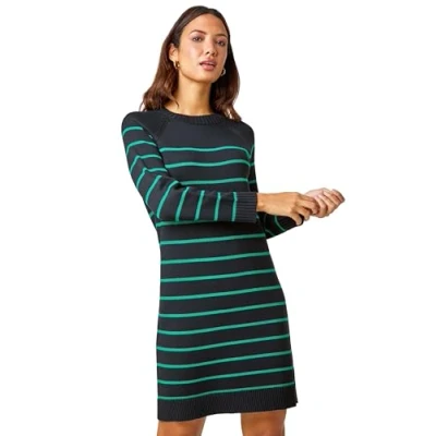 Image of Roman Stripe Print Knitted Jumper Dress for Women UK Ladies Autumn Everyday Winter Holiday Round Neckline Comfy Long Sleeve Soft Knee Length Frock Desk to Dinner Gowns Green Size 18